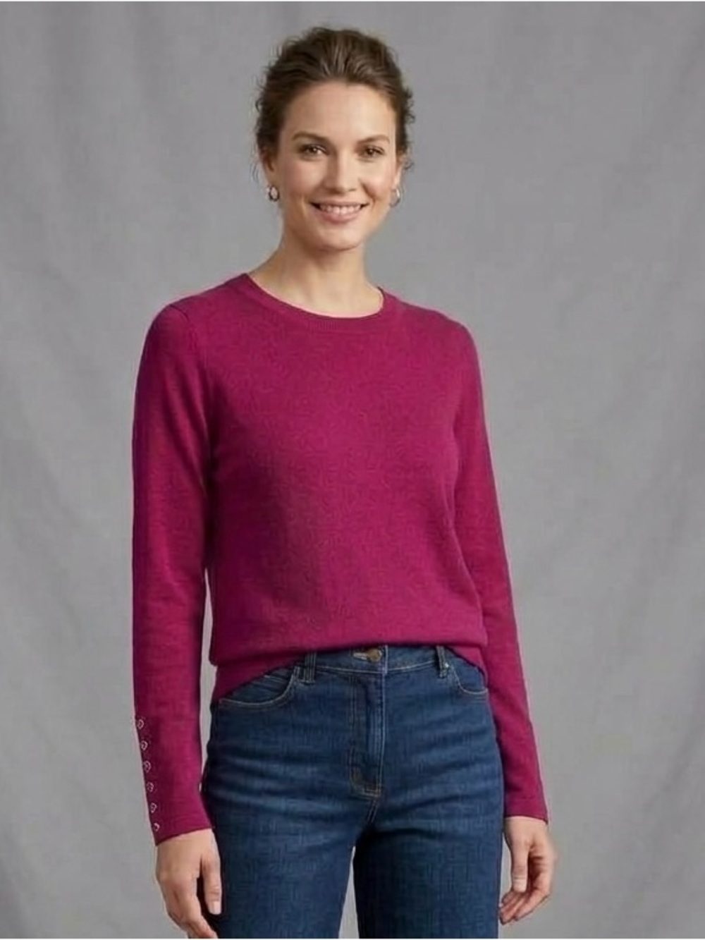 J. McLaughlin Berry Crewneck Long-Sleeve Sweater Button Detail Classic Luxury